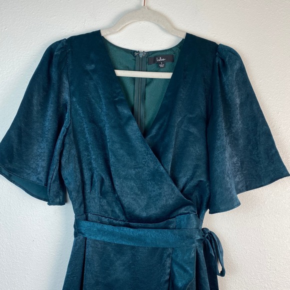 Lulus Wrapped Up In Love Emerald Green Satin Faux Wrap Dress Womens S - Picture 6 of 15